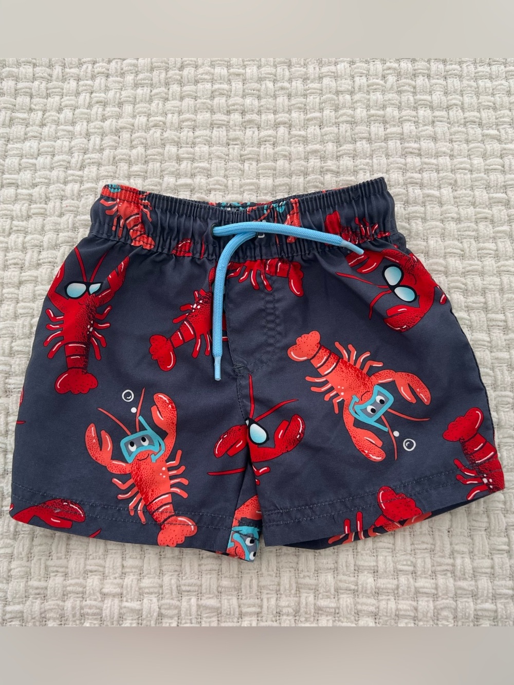 Kids Navy Lobster Print Swim Shorts with Light Blue Drawstring